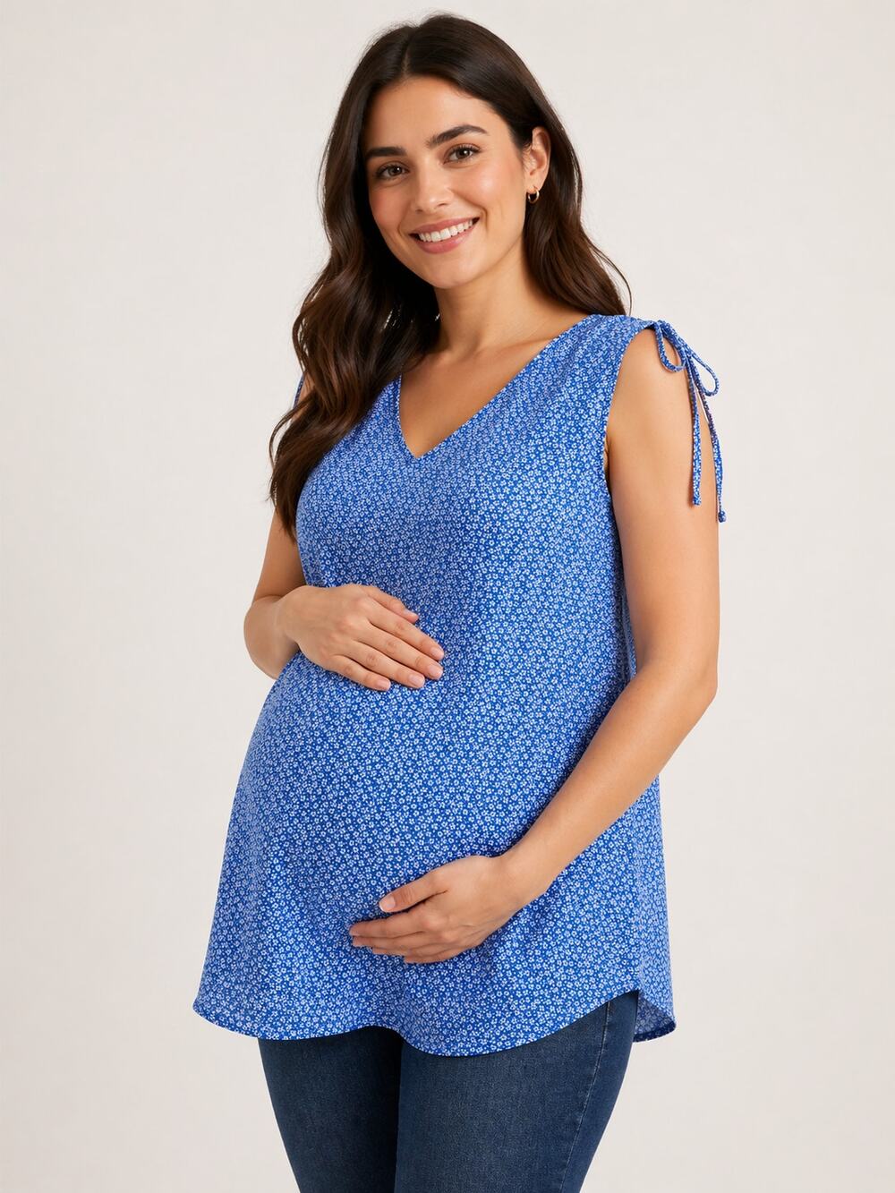 GAP Maternity Cinch Shoulder Ditsy Blue Floral Tank Top Size Large